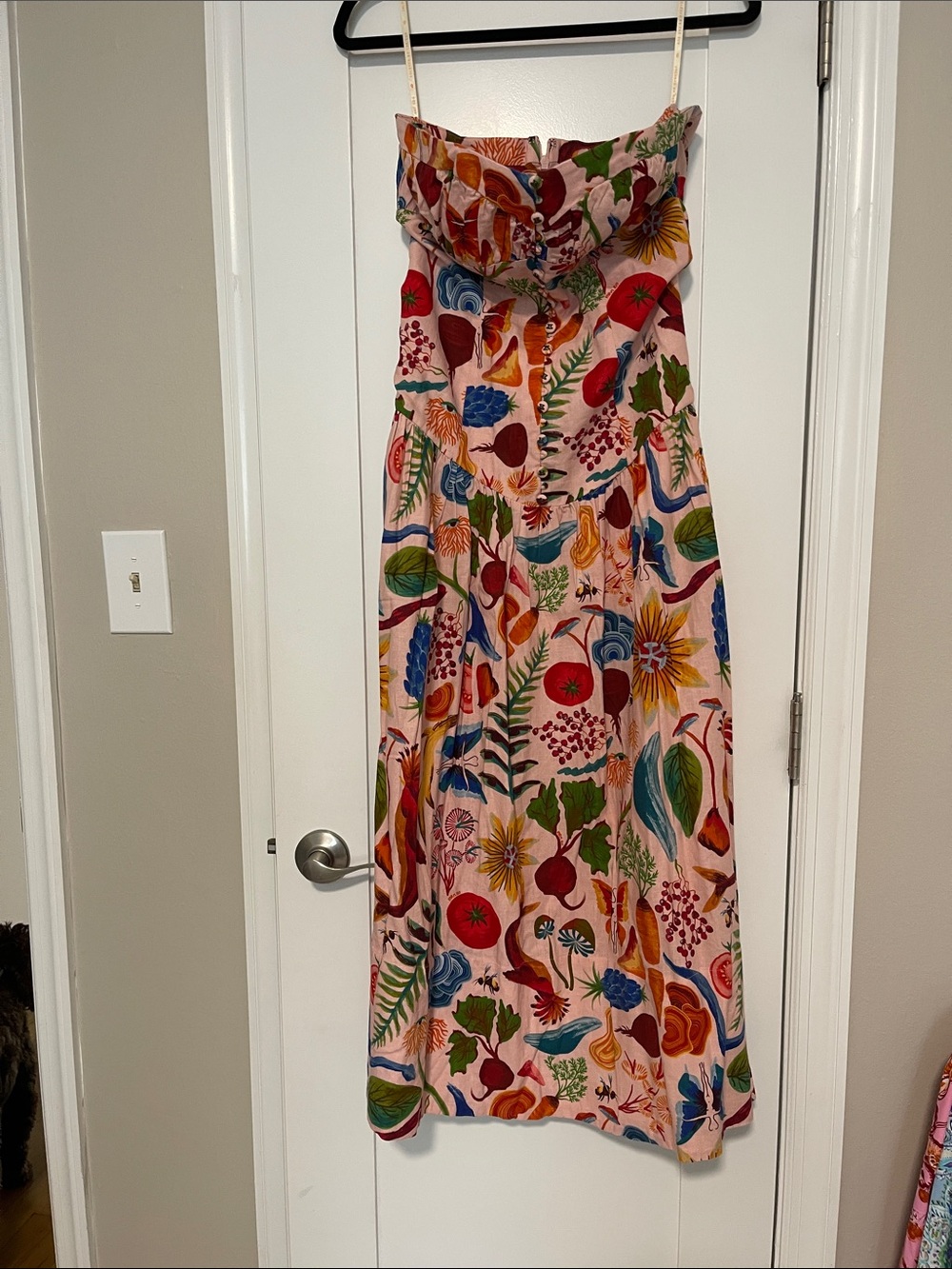 Strapless Pink Floral Maxi Dress with Multicolor Botanical Print